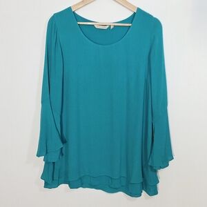 Soft Surroundings Teal Boat Neck Bell Flare Sleeves Tunic Blouse Women Size S